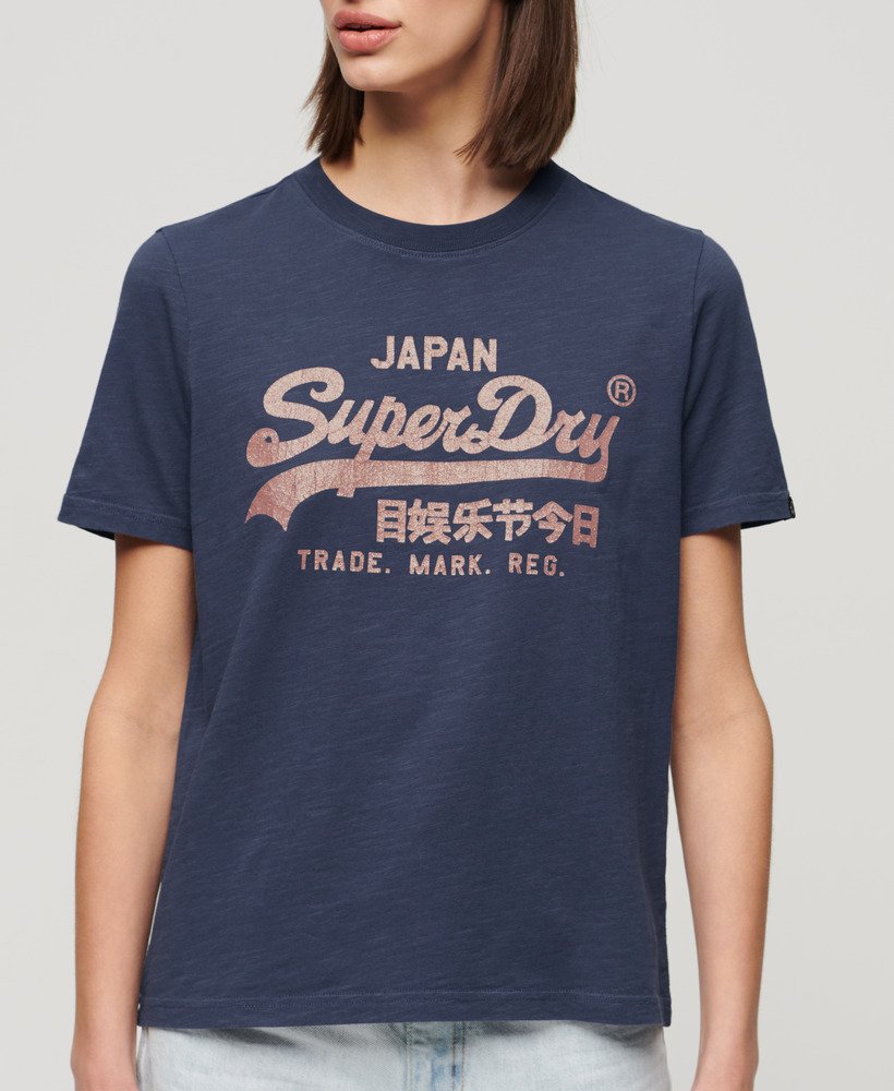 | CH-DE Superdry Logo T-Shirt mit Marineblau Lauren Metallic-Optik Damen Relaxtes in