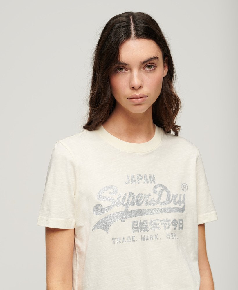 Damen Relaxtes T-Shirt mit Logo in Metallic-Optik Cremefarben Strukturiert  | Superdry CH-DE