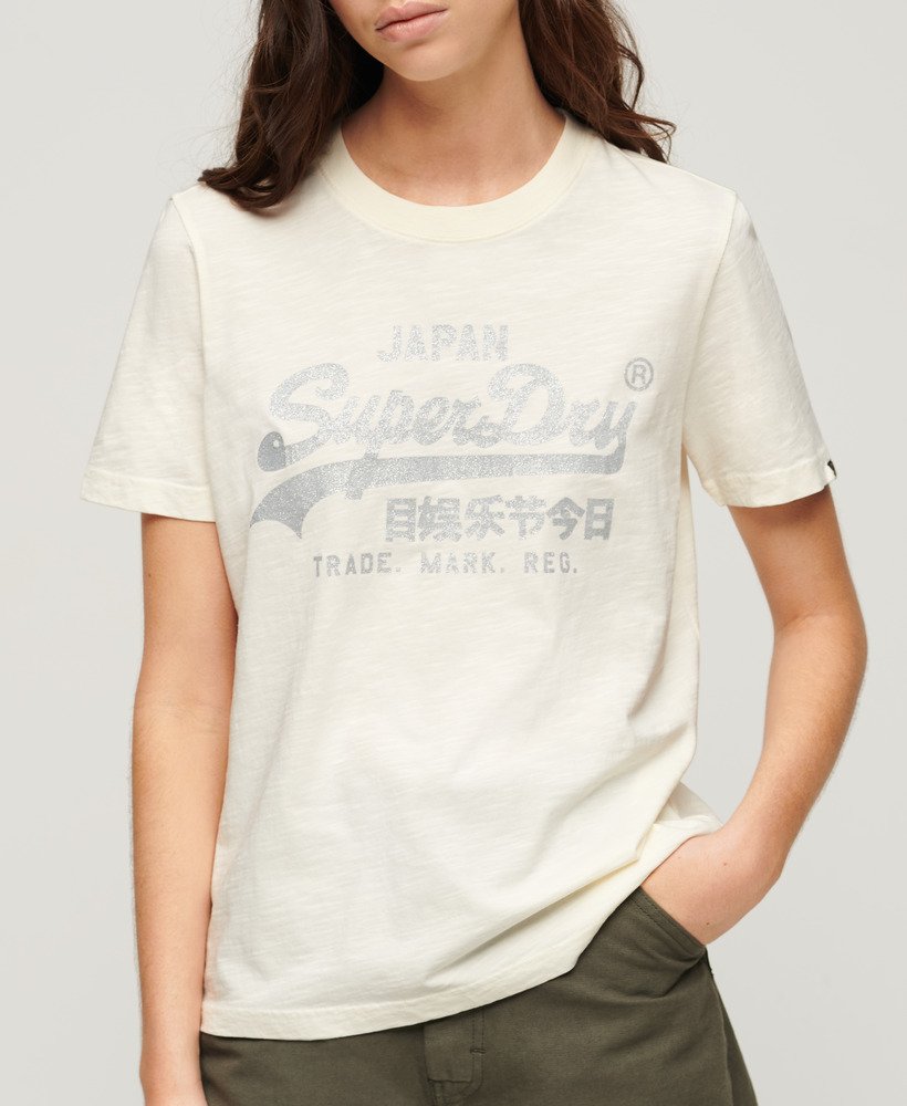 Strukturiert | Logo in CH-DE Damen Metallic-Optik T-Shirt Cremefarben mit Superdry Relaxtes