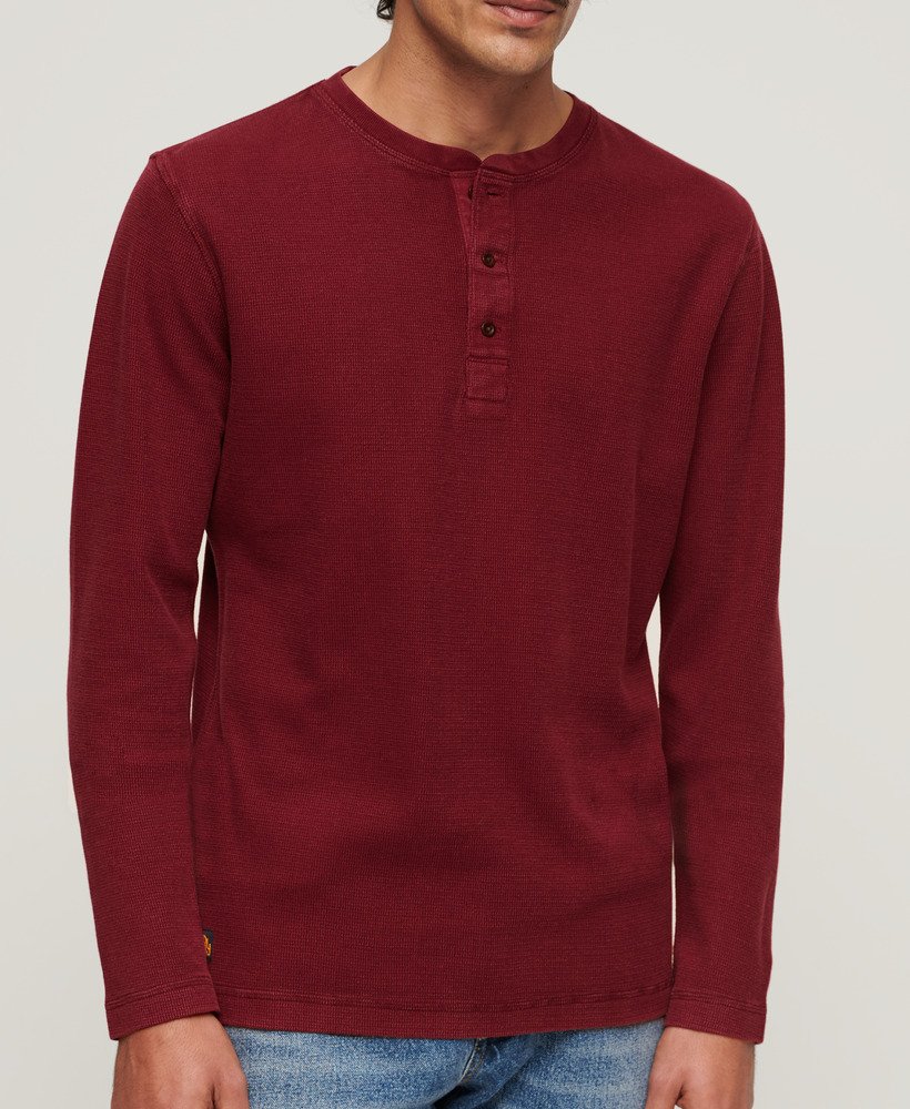 Men's - Relaxed Fit Waffle Cotton Henley Top in Stanton Red | Superdry UK