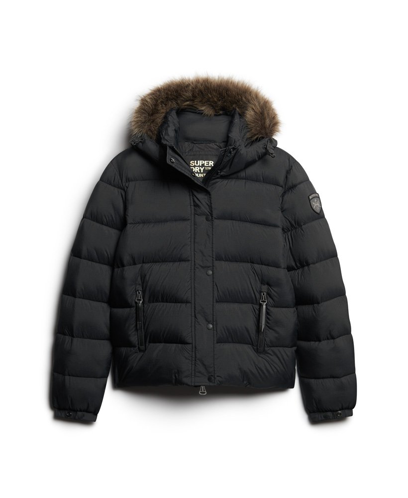 Womens - Faux Fur Short Hooded Puffer Jacket in Jet Black | Superdry UK