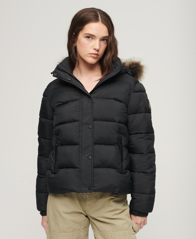 Womens - Faux Fur Short Hooded Puffer Jacket in Jet Black | Superdry UK