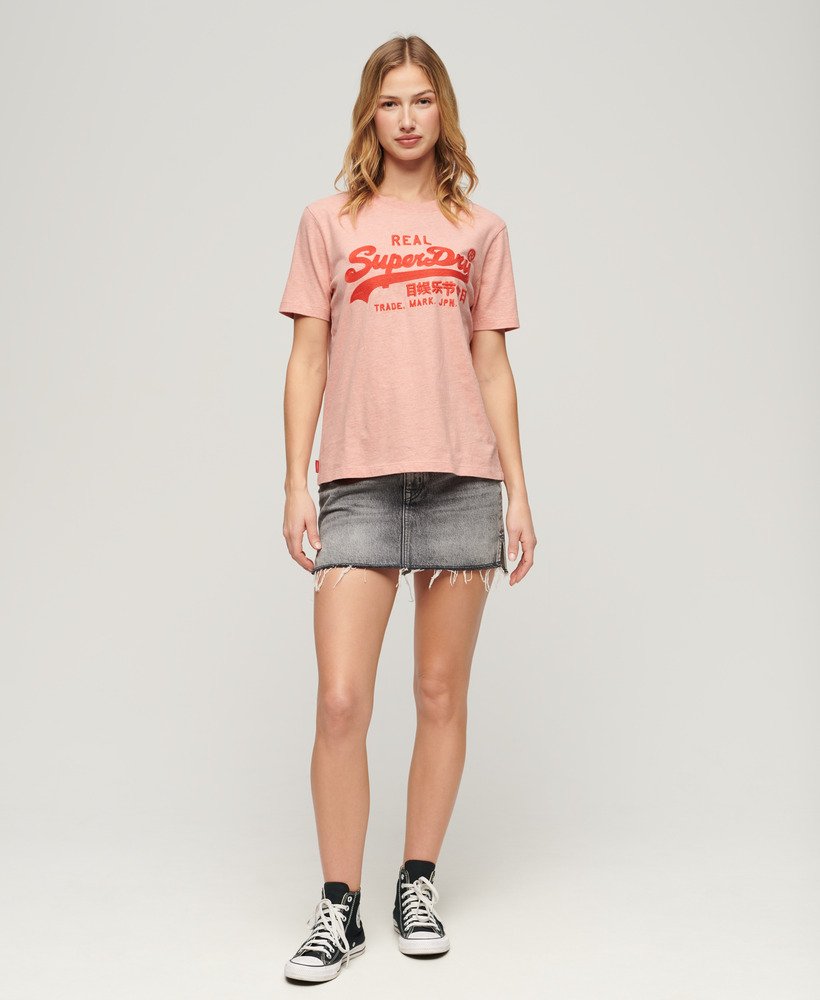 Vintage Superdry T-Shirt Peach in Women\'s Abbey Logo US Heather Embroidered |