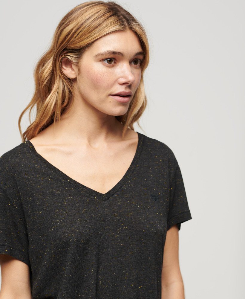 Women\'s Slub US Black T-Shirt | V-Neck Embroidered Superdry in Metallic