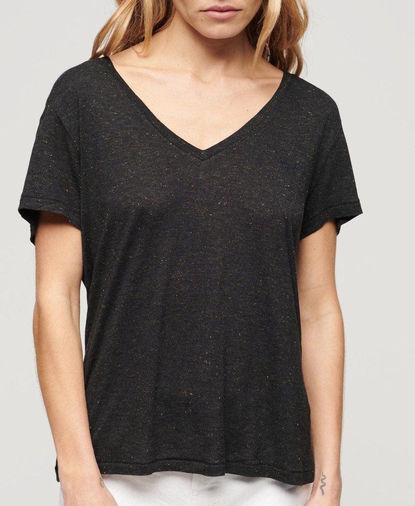 Women\'s Slub V-Neck in | T-Shirt US Black Embroidered Metallic Superdry