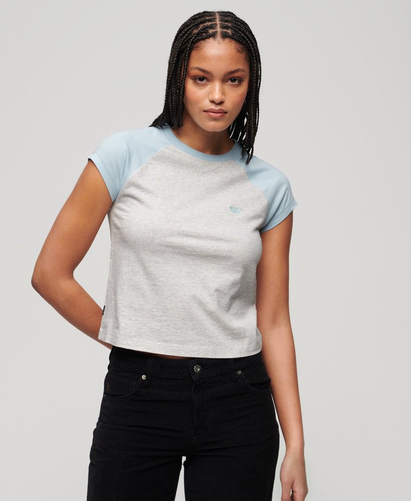 Women\'s Organic Cotton Essential Logo Raglan T-Shirt in Winter Sky Blue/  Glacier Grey Marl | Superdry US