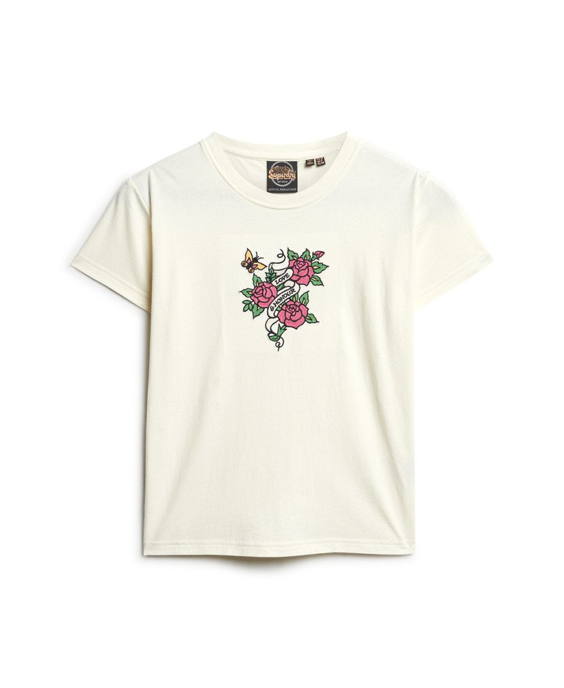 Womens - Tattoo Embroidered Fitted T-Shirt in Cream | Superdry UK
