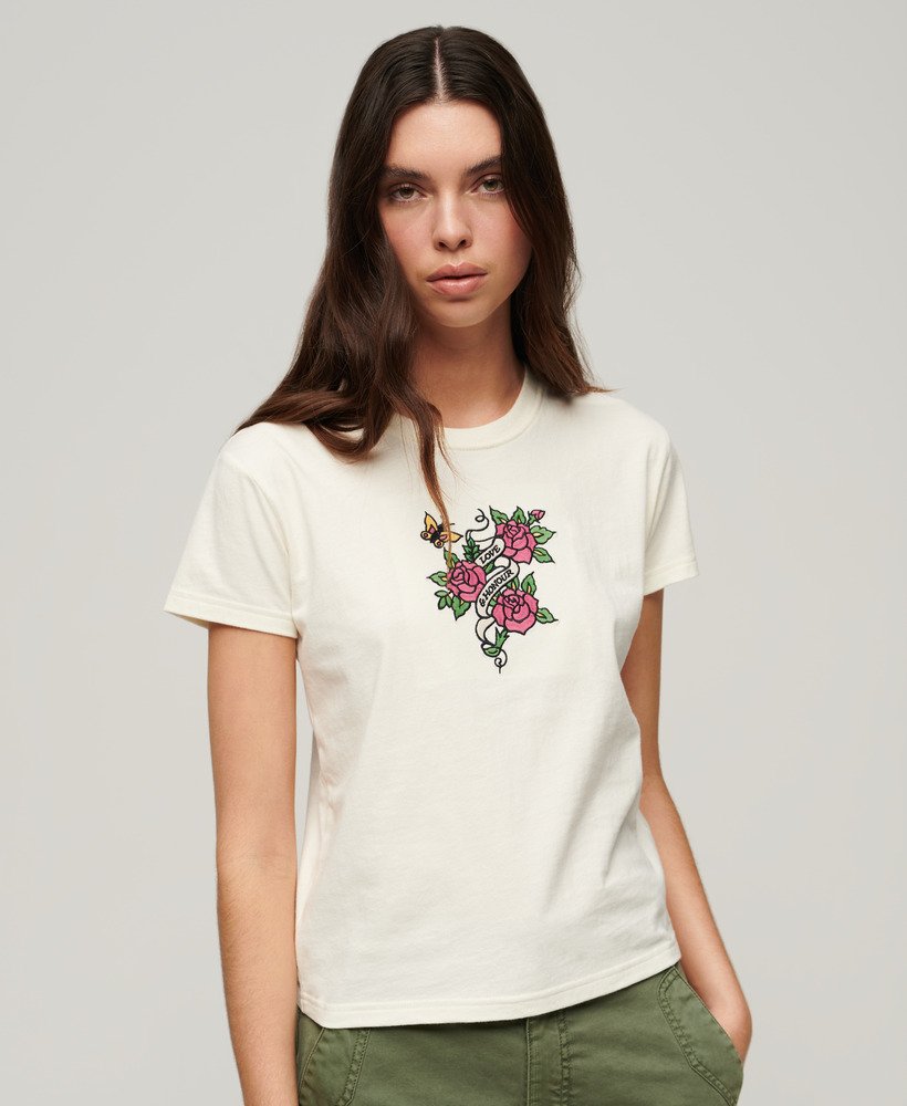 Womens - Tattoo Embroidered Fitted T-Shirt in Cream | Superdry UK
