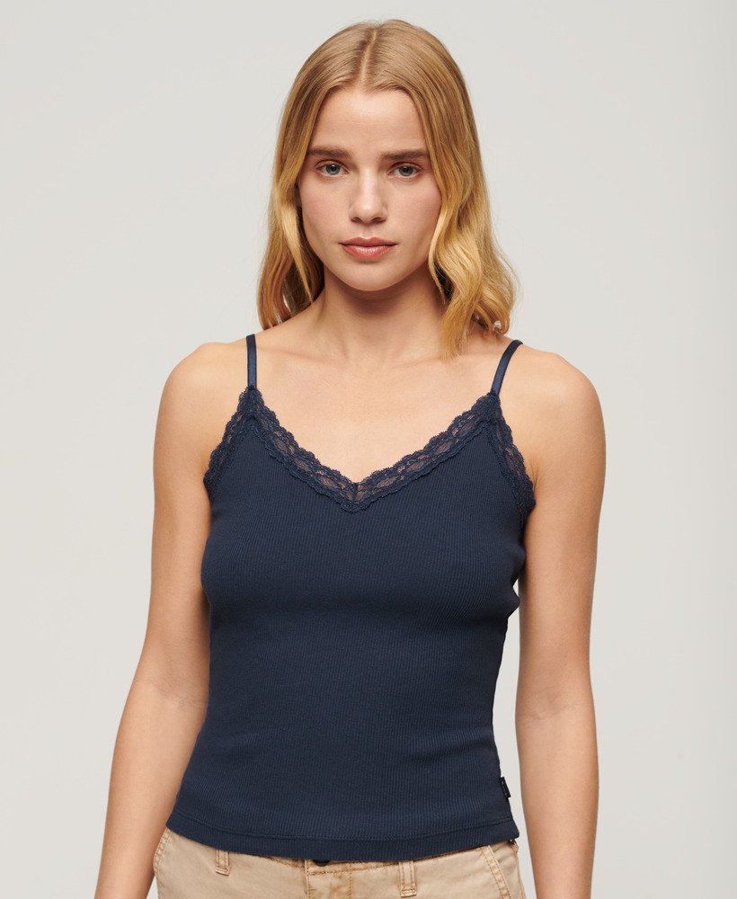 Women\'s Essential Lace Trim Cami Top in Richest Navy | Superdry US