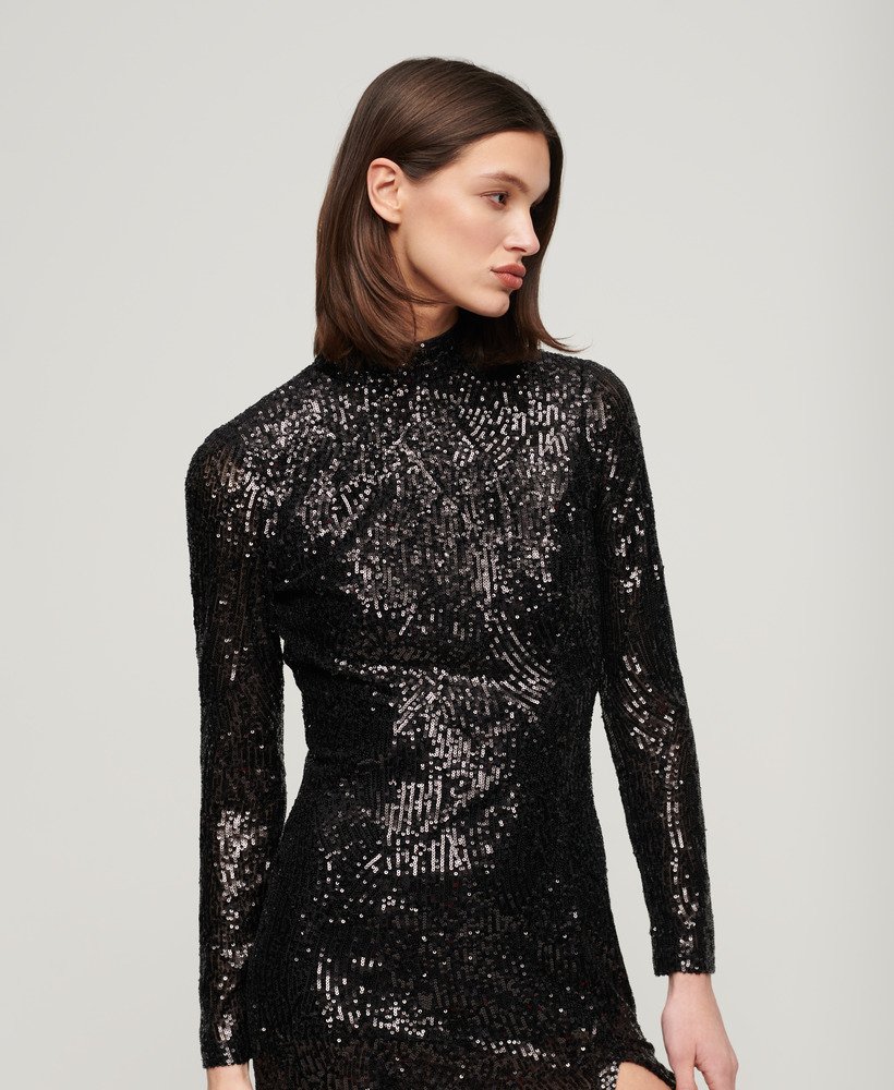 Womens - Backless Sequin Midi Dress in Black Angle Sequins | Superdry UK