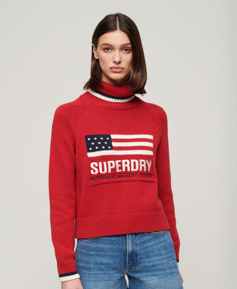 Womens - Americana Roll Neck Knit Jumper in Risk Red | Superdry UK