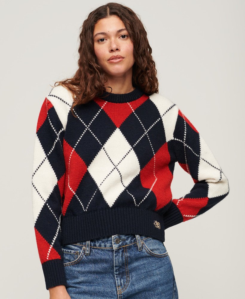 Womens - Jacquard Pattern Crew Jumper in Red Argyle | Superdry UK