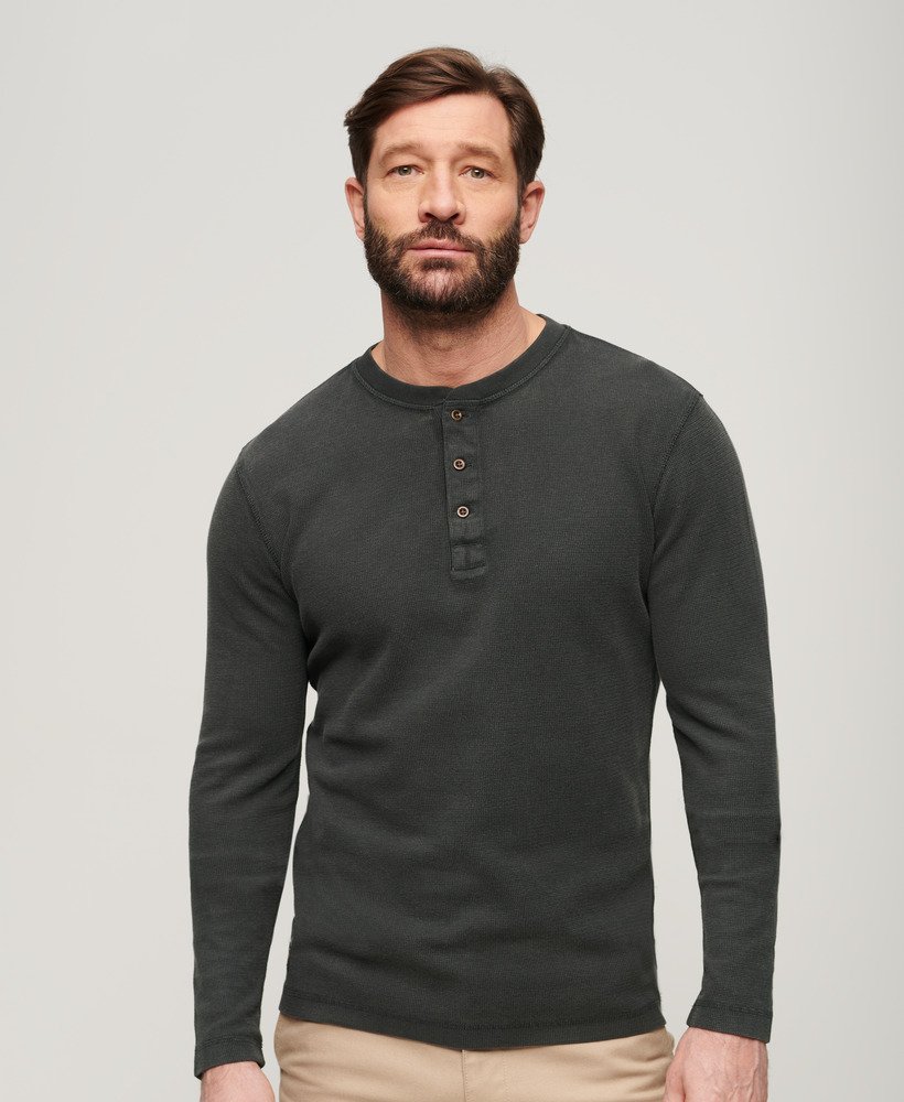 Men's Waffle Long Sleeve Henley Top in Washed Black