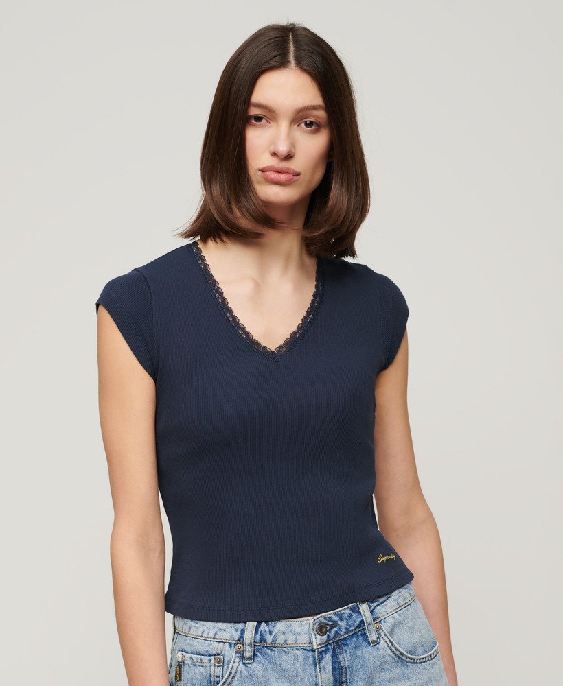 Womens - Organic Cotton Essential Lace Trim V-Neck T-Shirt in Richest Navy