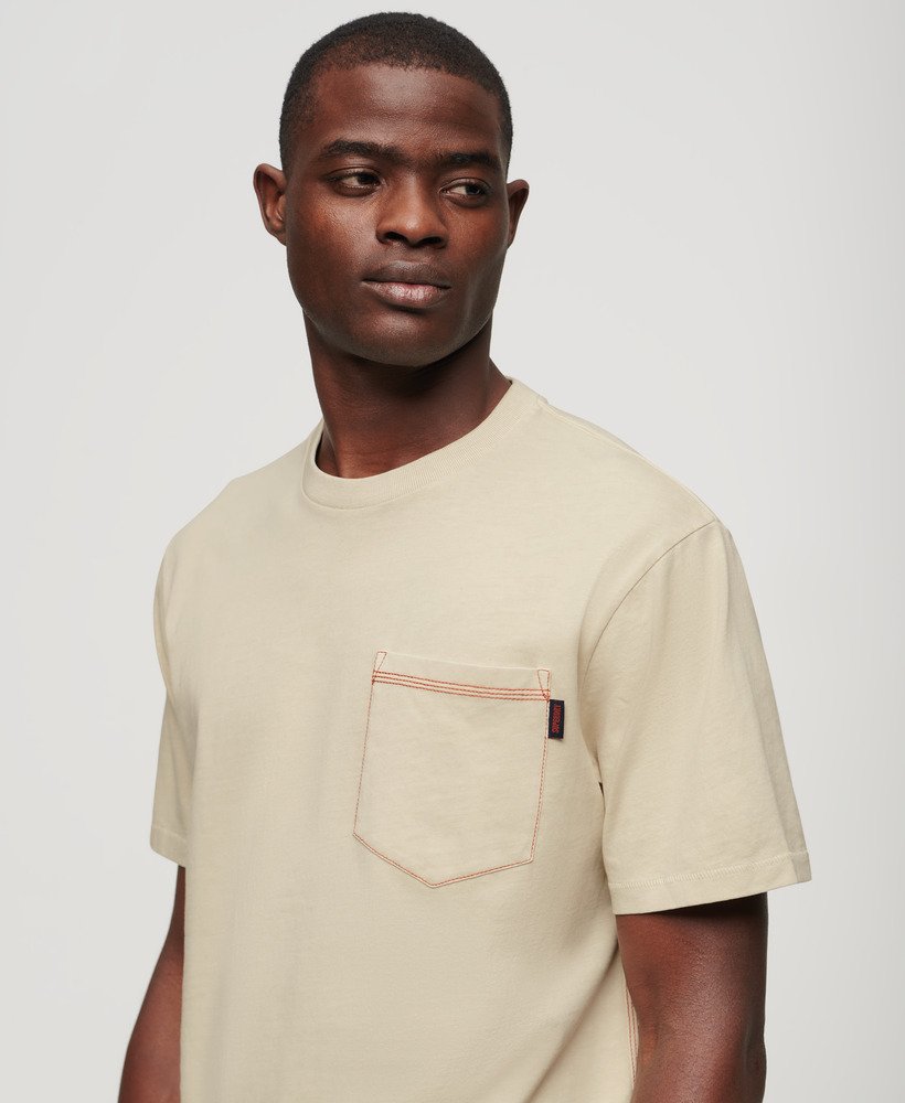 Mens - Contrast Stitch Pocket T-Shirt in Washed Pelican Beige | Superdry UK