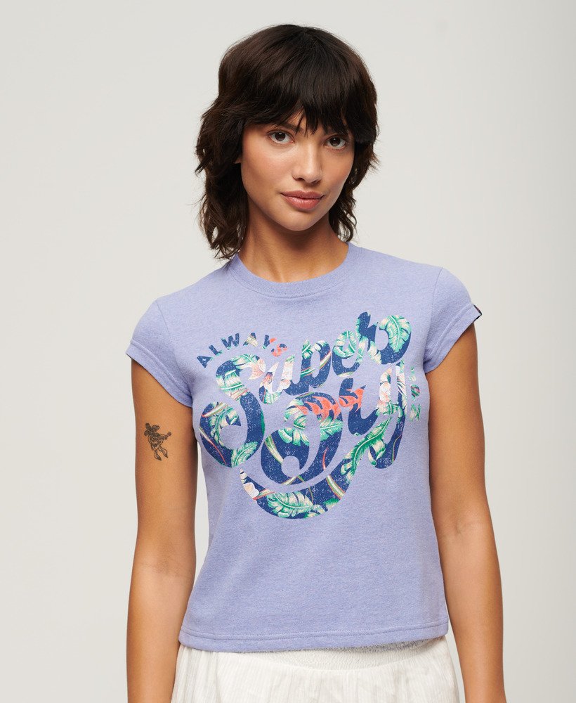 Women's Floral Scripted Cap Sleeve T-Shirt in Violet Marl | Superdry US