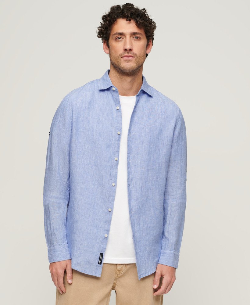 Men's Casual Linen Long Sleeve Shirt in Light Blue Chambray