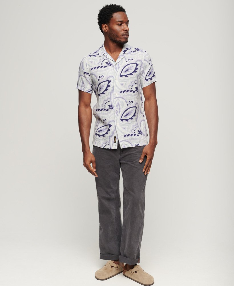 Men's - Open Collar Printed Linen Shirt in Laurel Grey Print | Superdry UK