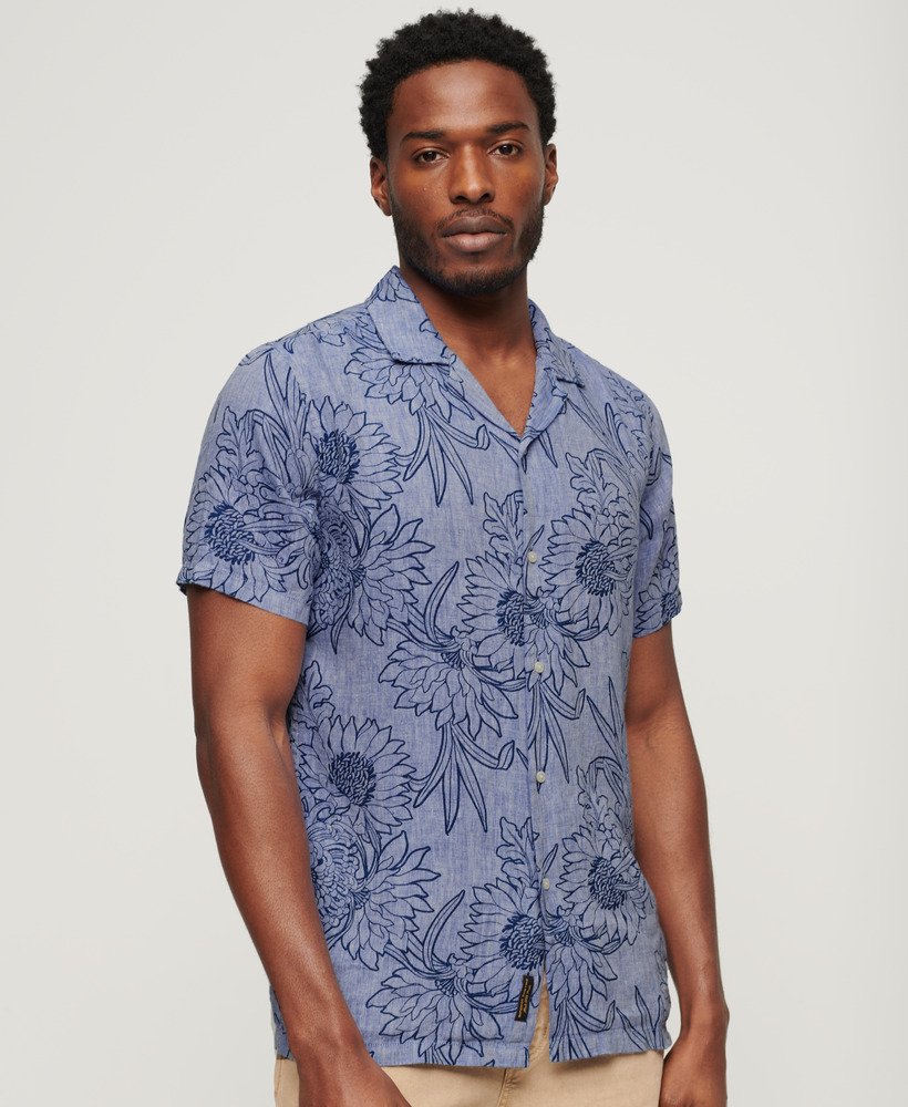 Men's - Open Collar Printed Linen Shirt in Chrysanth Optic Outline ...