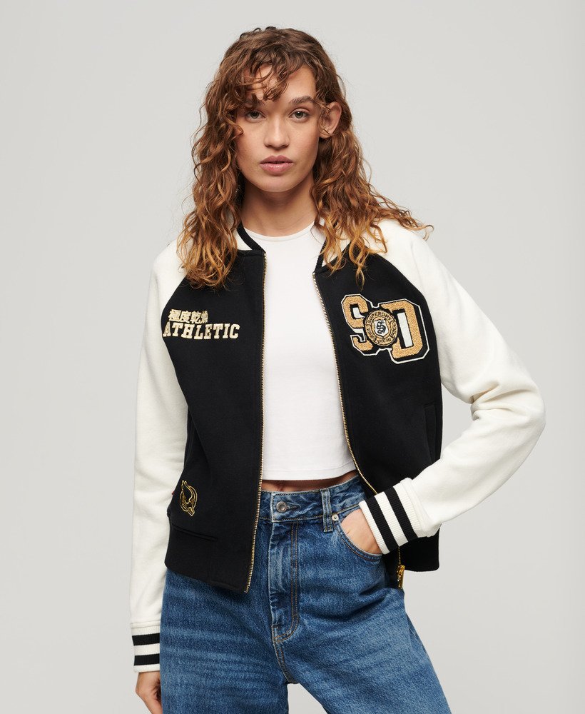Womens - College Graphic Jersey Bomber in Black/off White | Superdry UK
