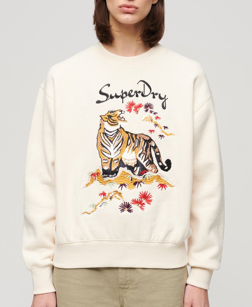 Womens - Suika Embroidered Loose Sweatshirt in Oatmeal Beige | Superdry UK