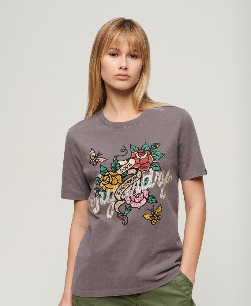 Womens - Tattoo Script Graphic T-Shirt in Rock Grey | Superdry UK