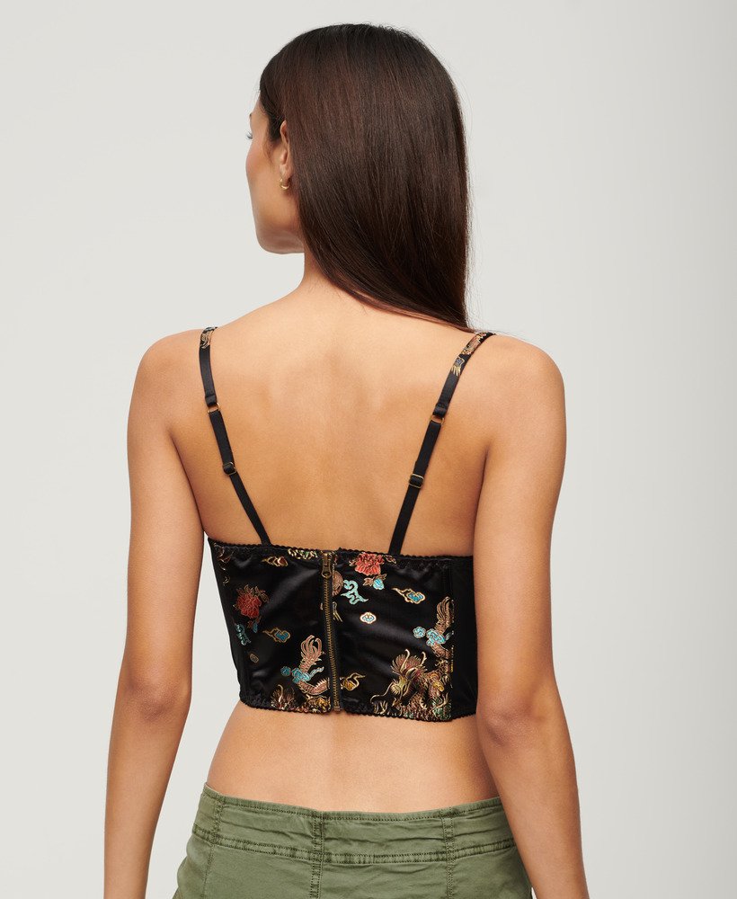 Black Mesh Floral Embroidered Lace Up Corset