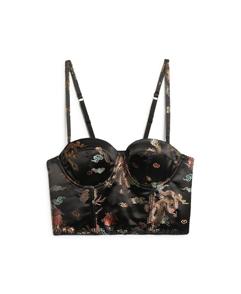 Women's Satin Floral Embroidered Corset Top in Black Brocade