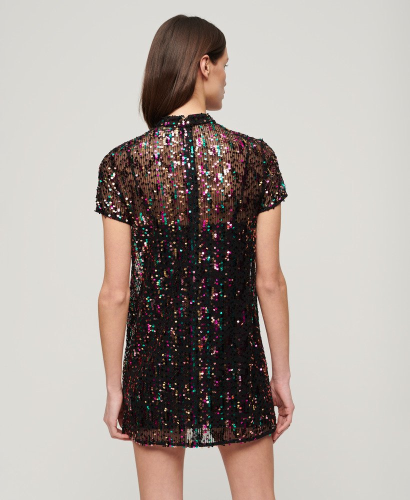 Womens - High Neck Sequin T-Shirt Dress in Multi Col Sequin | Superdry UK
