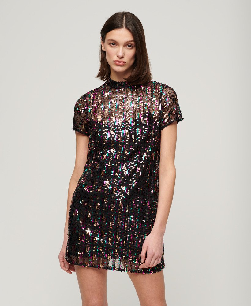 Womens - High Neck Sequin T-Shirt Dress in Multi Col Sequin | Superdry UK