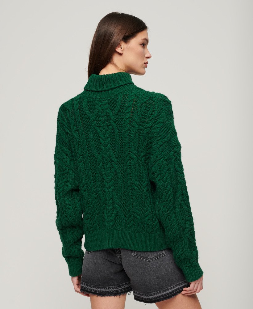 Women's Cable Knit Polo Neck Jumper in Pine Green