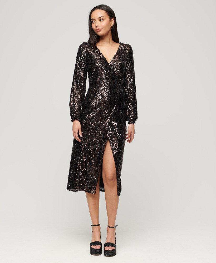 Womens - Sequin Wrap Maxi Dress in Copper/black Sequin | Superdry UK