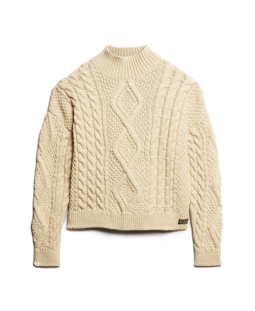 Womens - Aran Cable Knit Polo Jumper in Ecru | Superdry UK