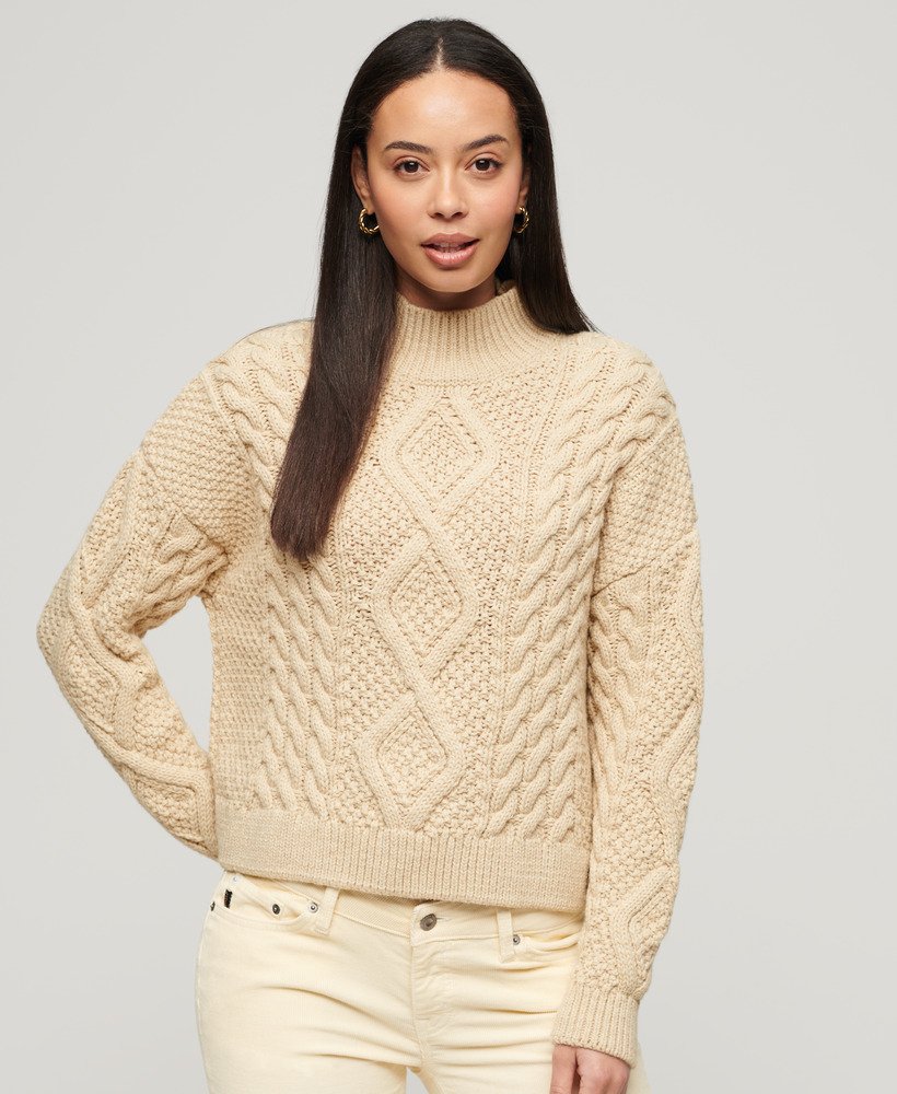 Womens - Aran Cable Knit Polo Jumper in Ecru | Superdry UK