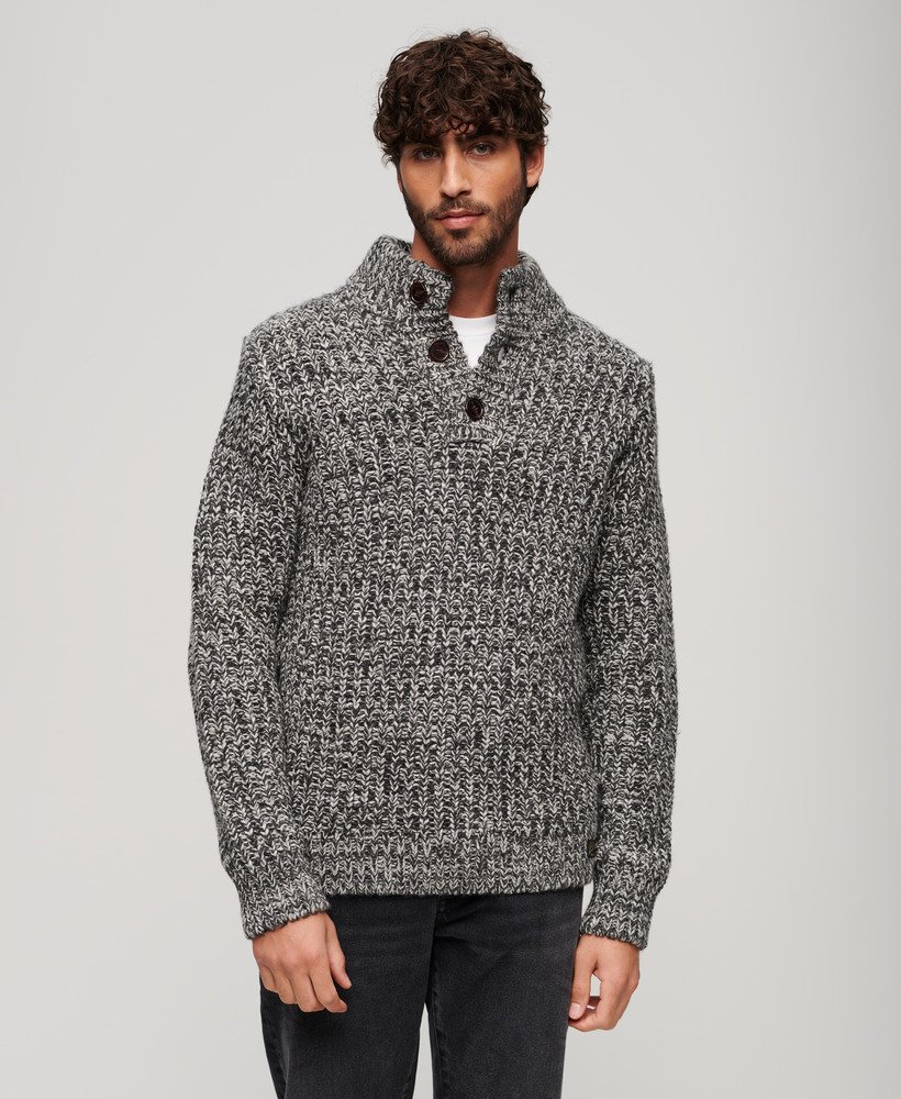 Mens - Chunky Knit Henley Jumper in Charcoal Twist | Superdry UK