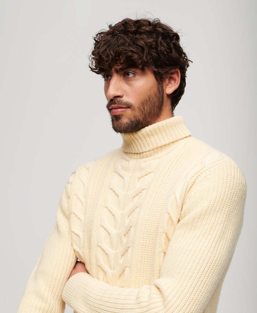 Mens - The Merchant Store - Cable Roll Neck Jumper in Off White ...