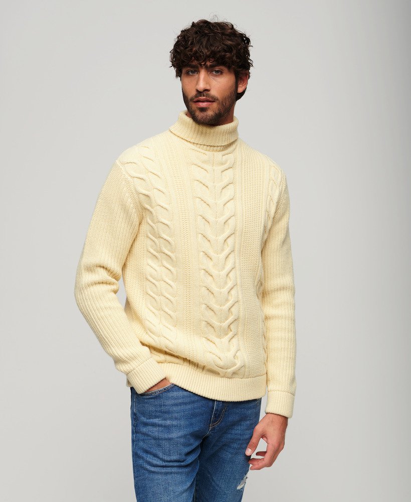 Mens - The Merchant Store - Cable Roll Neck Jumper in Off White ...