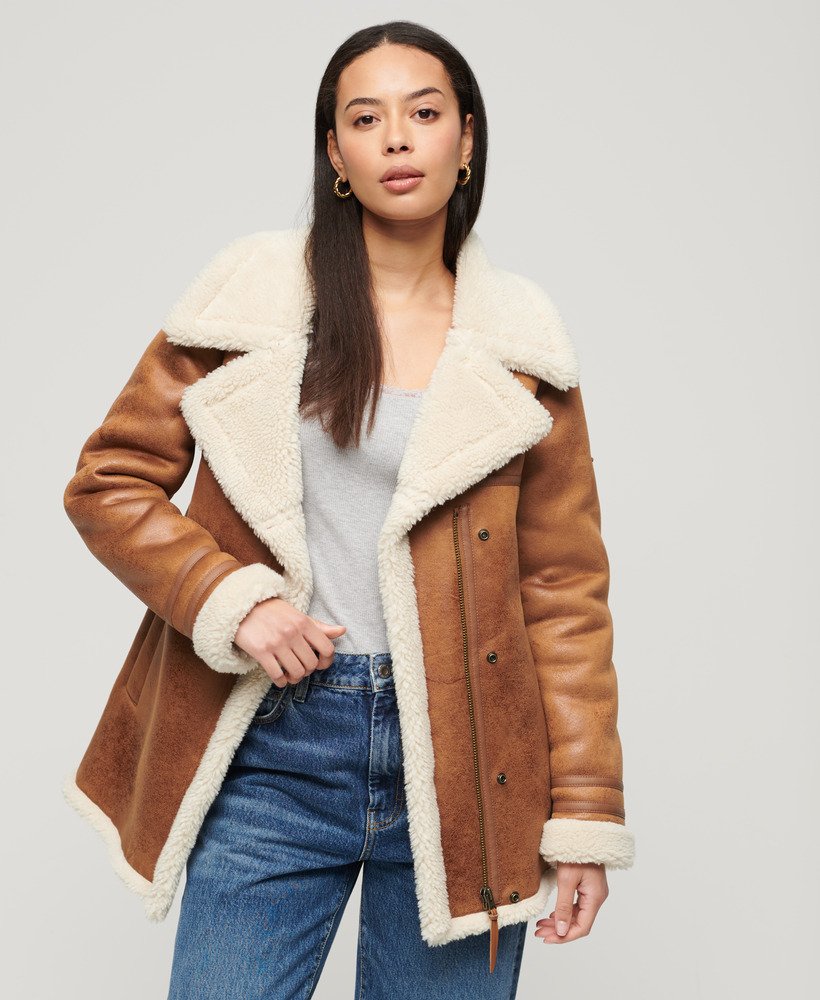 Womens - Faux Shearling Mid Jacket in Tan | Superdry UK