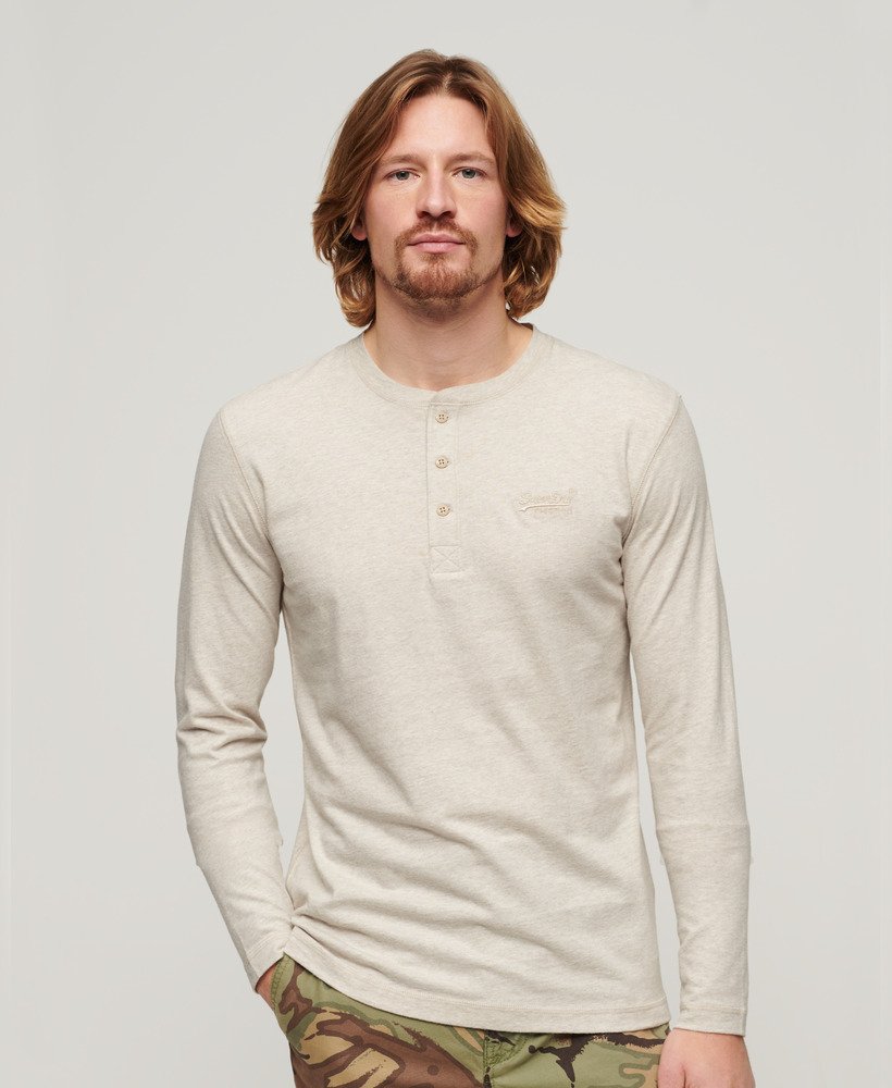 Men's - Organic Cotton Vintage Logo Embroidered Henley Top in Oat Cream ...