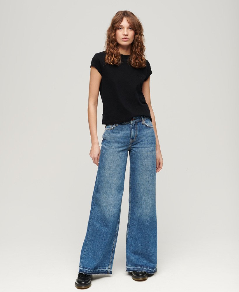Womens - Raw Hem Wide Leg Flare Jeans in Wheeler Vintage Blue | Superdry UK