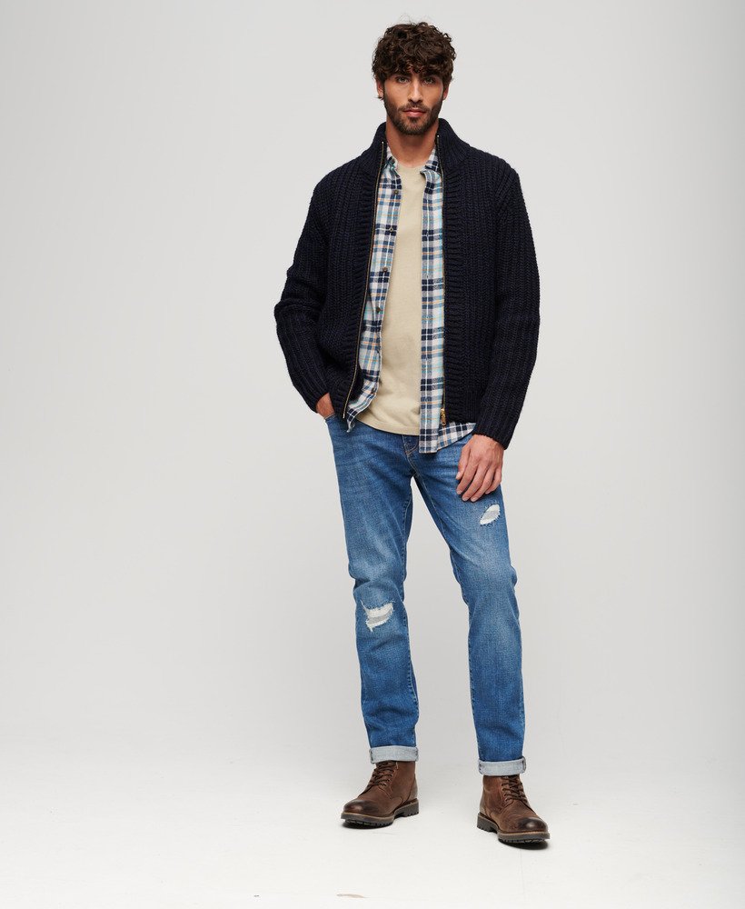 Mens - Chunky Knit Zip Through Cardigan in Navy Black Twist | Superdry UK