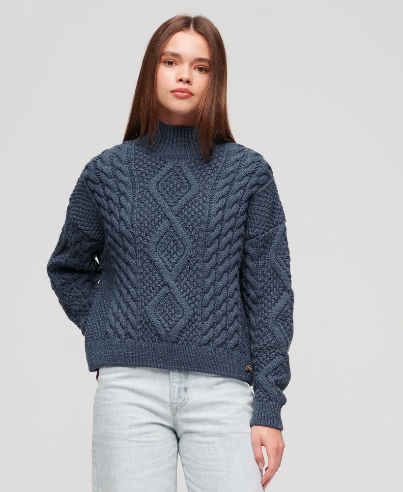 Superdry Women's Aran Cable Knit Polo Jumper Blue Size: 8