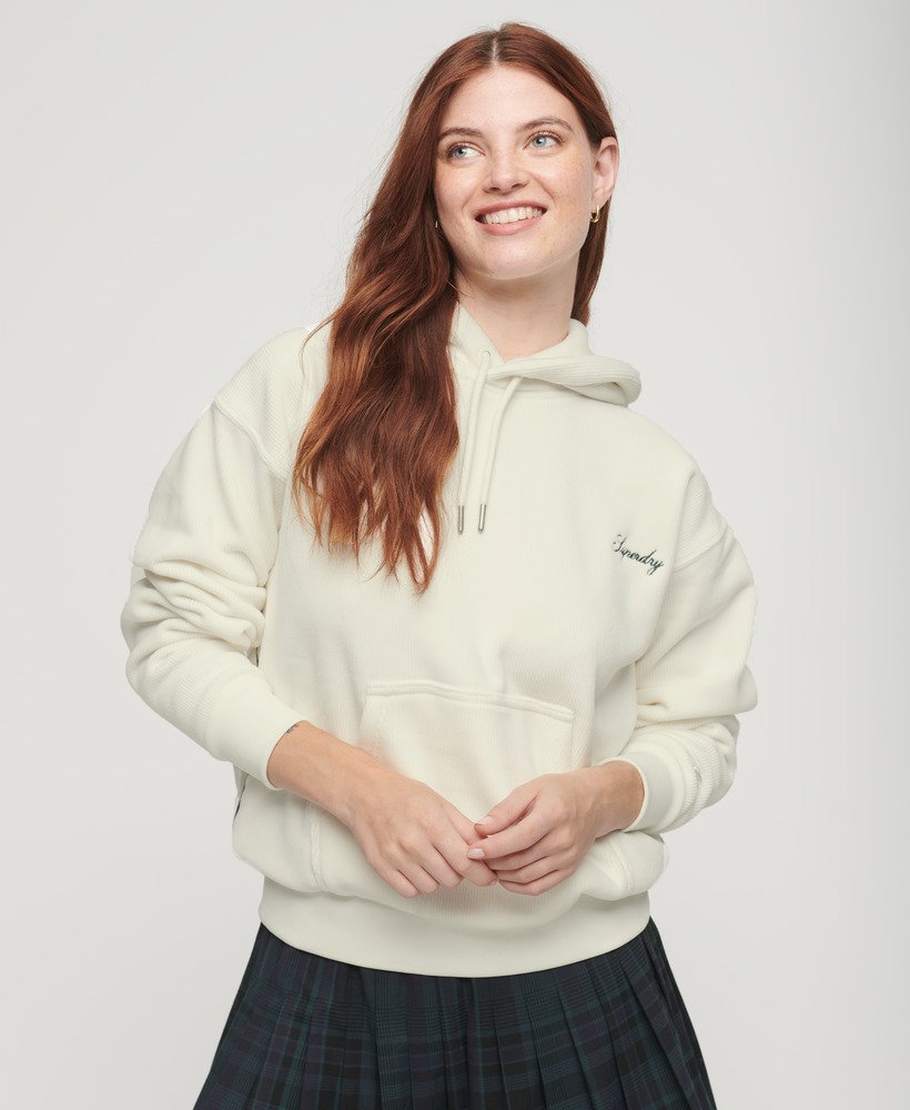 Womens - Drop Needle Velour Boxy Hoodie in Off White | Superdry UK