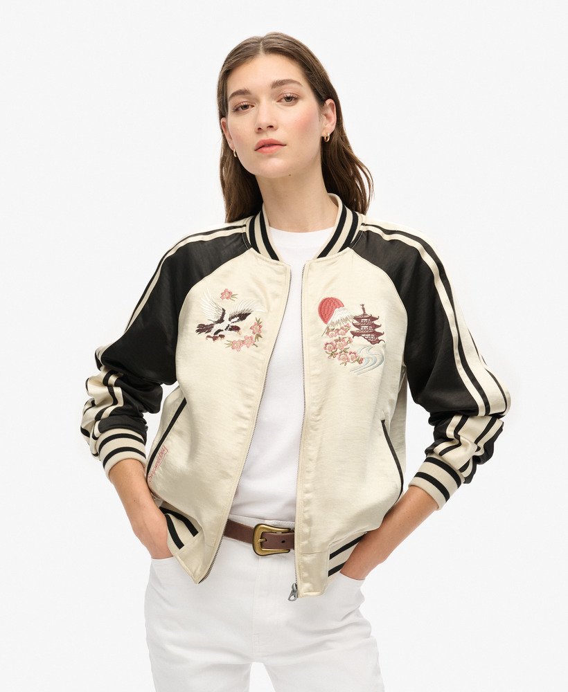 Women s Sukajan Embroidered Bomber Jacket in Sandshell Beige Superdry CA EN