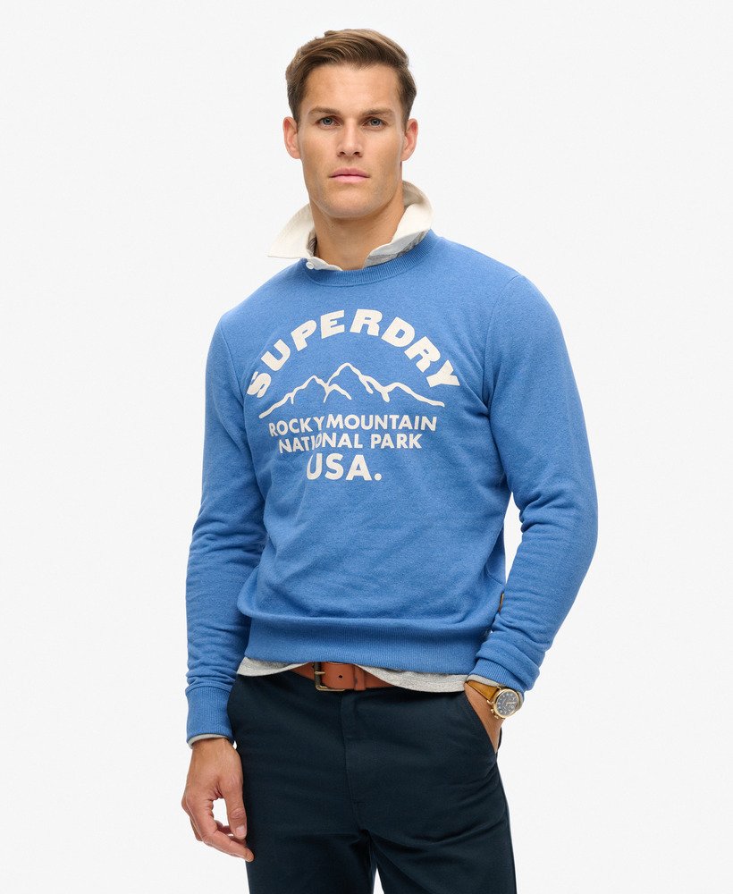 Men s Outdoors Graphic Crew Sweatshirt in Ocean Blue Marl Superdry CA EN