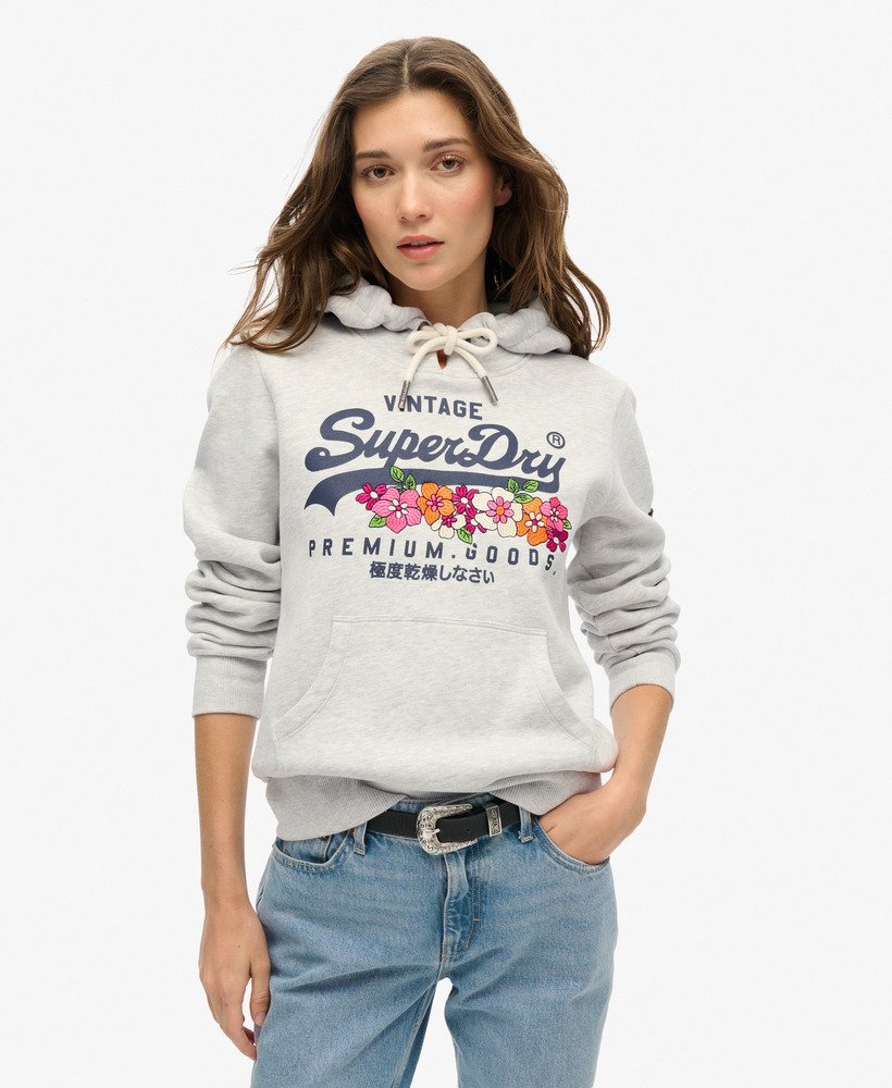 Womens Vintage Logo Premium Floral Hoodie in Glacier Grey Marl Superdry UK