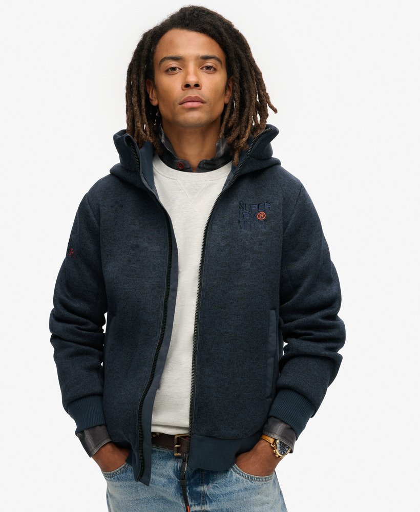 Blue jacket with grey hood hotsell