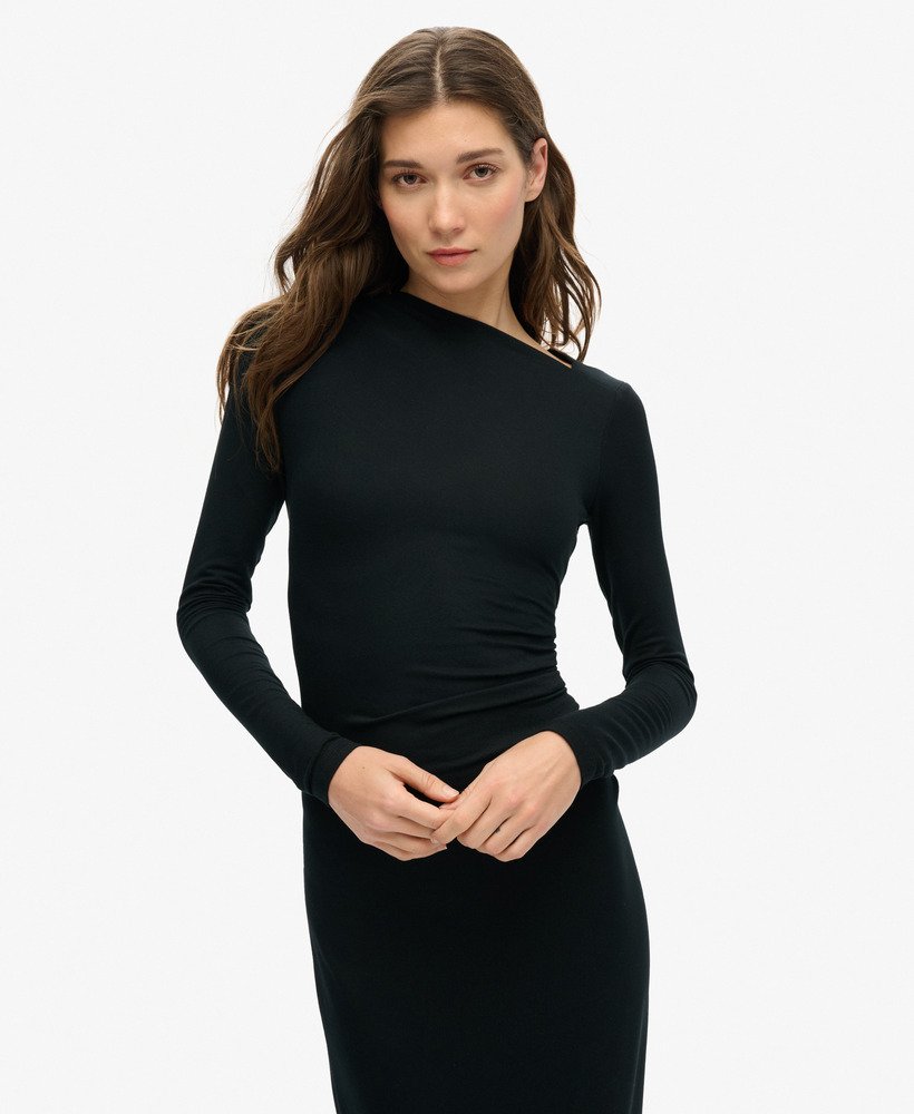 Black long sleeve ruched dress hotsell