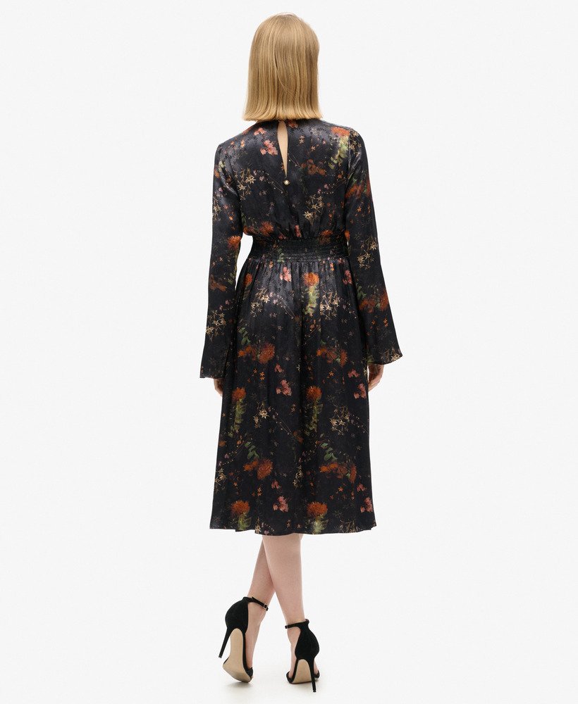 Womens - Flare Sleeved Jacquard Midi Dress in Alpine Lake Black ...