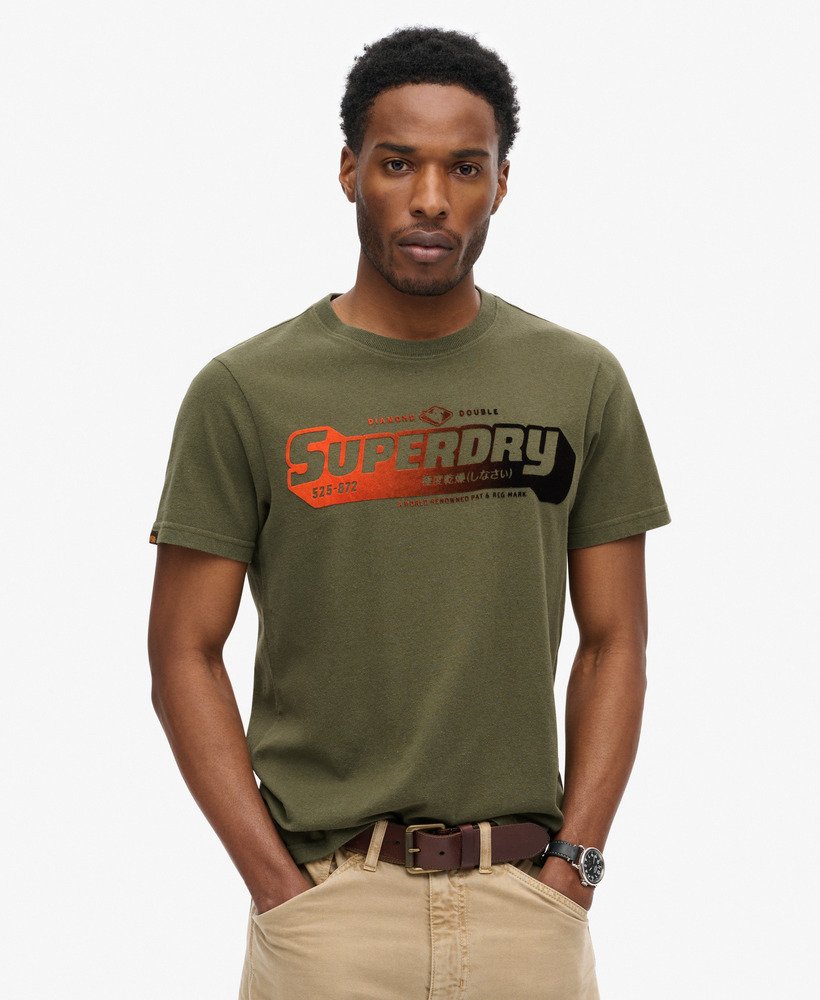 Mens Flocked Fade Graphic T Shirt in Khaki Green Marl Superdry UK